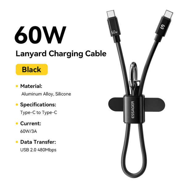 ESSAGER 2 in 1 PD 60W 3A Type C to Type C Silicone Fast Charging Lanyard Data Cable