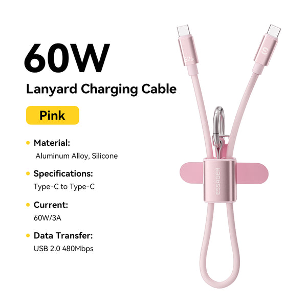 ESSAGER 2 in 1 PD 60W 3A Type C to Type C Silicone Fast Charging Lanyard Data Cable