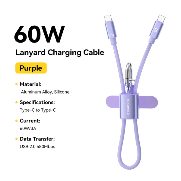 ESSAGER 2 in 1 PD 60W 3A Type C to Type C Silicone Fast Charging Lanyard Data Cable