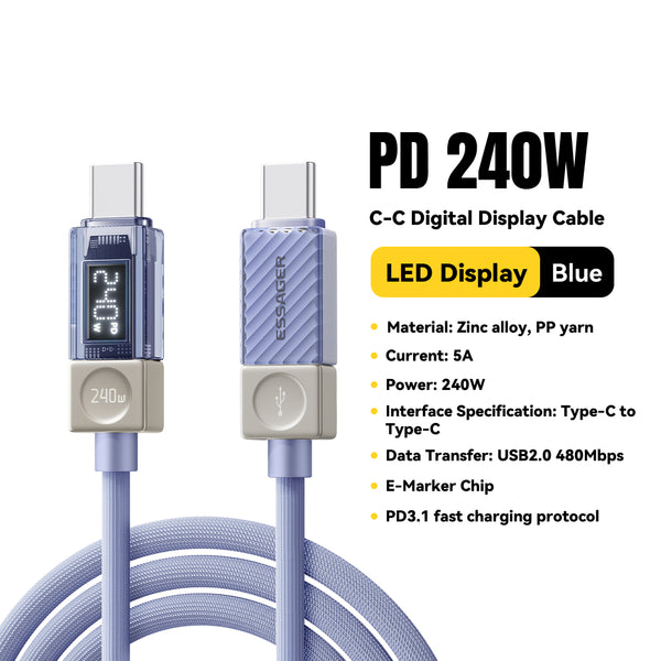 ESSAGER 240W Transparent USB-C Charging Cable – With Power Display