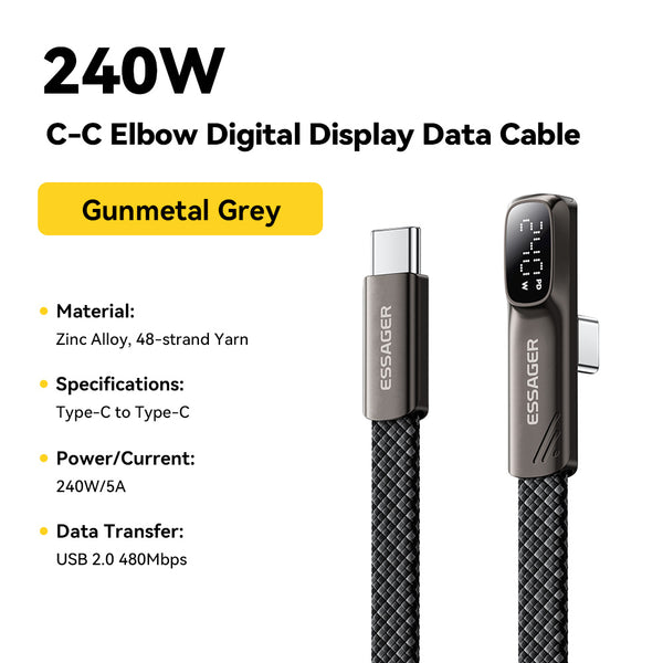 ESSAGER 90 Degree Elbow Flat USB C to USB C 240W Fast Charging Cable with Digital Display