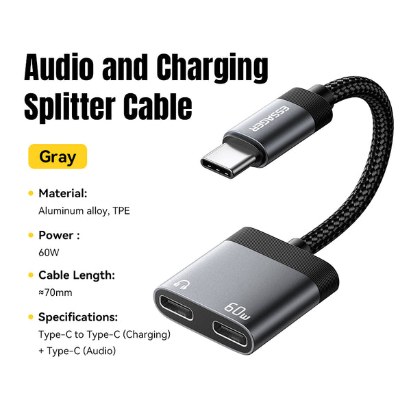 ESSAGER Usb Type C to 3.5mm/Type C 2 in 1 Audio Charging Splitter Adapter Cable