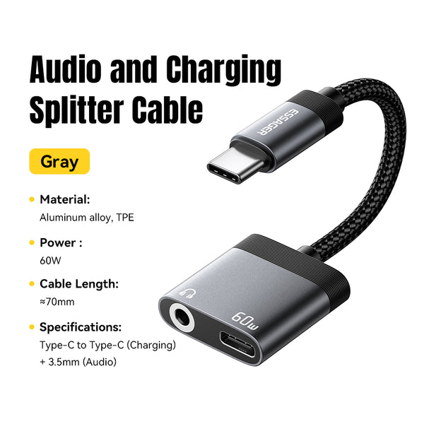 ESSAGER Usb Type C to 3.5mm/Type C 2 in 1 Audio Charging Splitter Adapter Cable