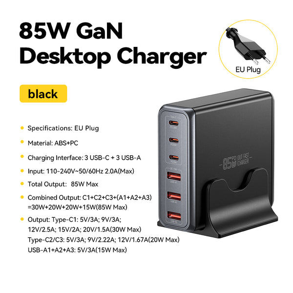 ESSAGER 85W Desktop Charging Station – 3C+3A Multi-Port Fast Charger