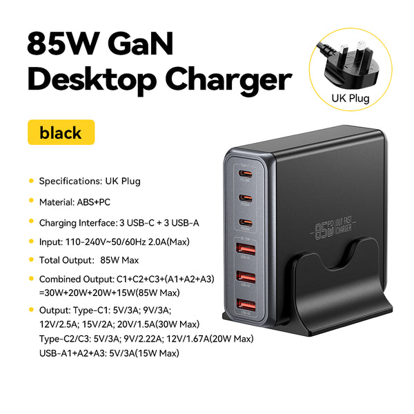 ESSAGER 85W Desktop Charging Station – 3C+3A Multi-Port Fast Charger