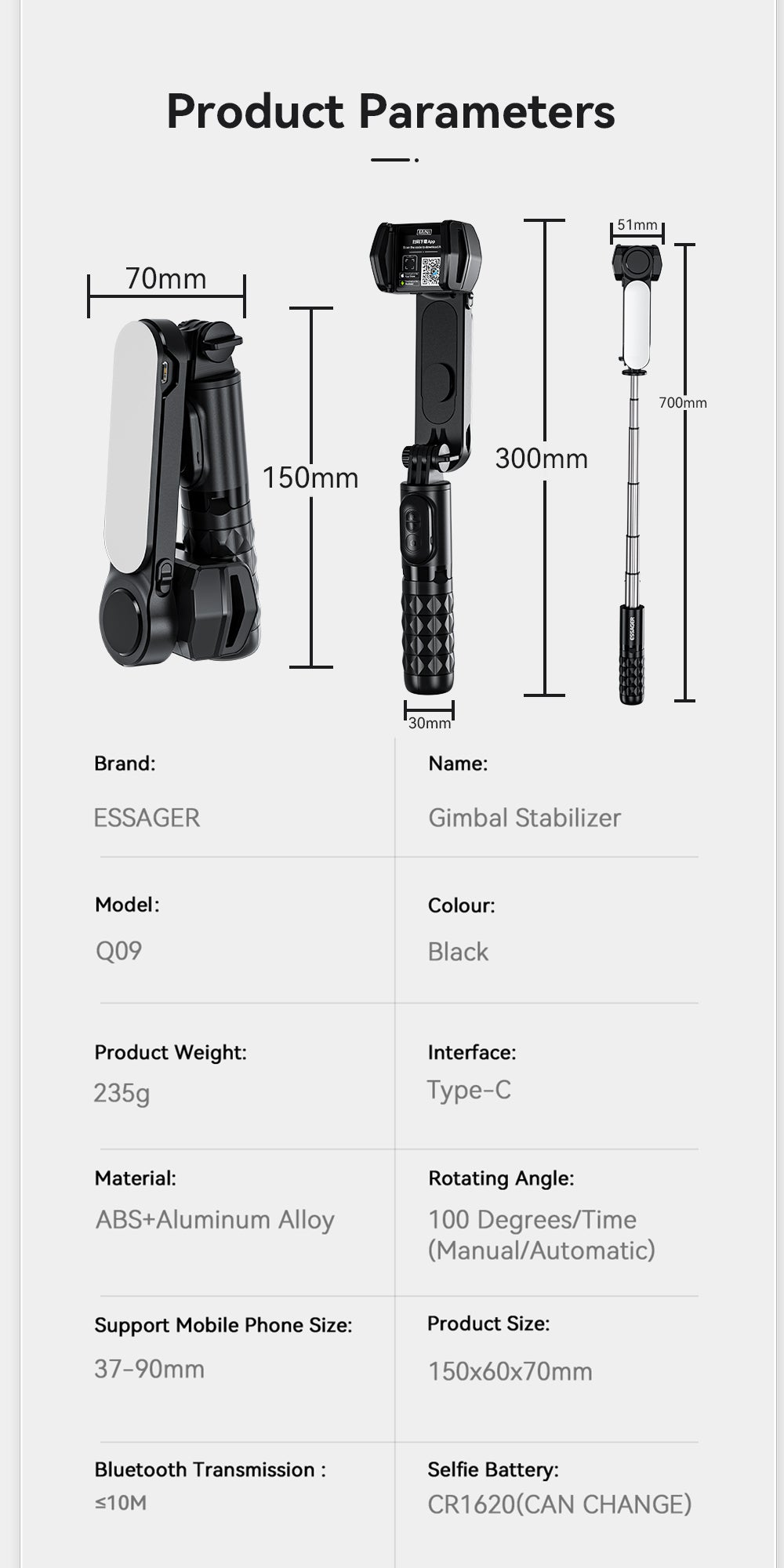 Essager Q09 Handheld Wireless Bluetooth Gimbal